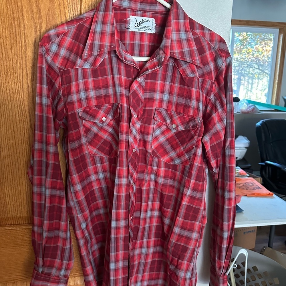 Vintage Red Plaid Pearl Snap Men's Casual Shirt Rodeo Western